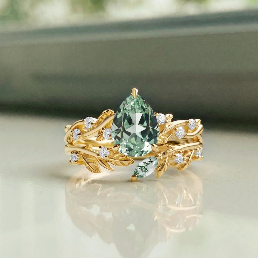 Pear Cut Leafy Lab Green Sapphire Engagement Ring Set 2pcs - Leto