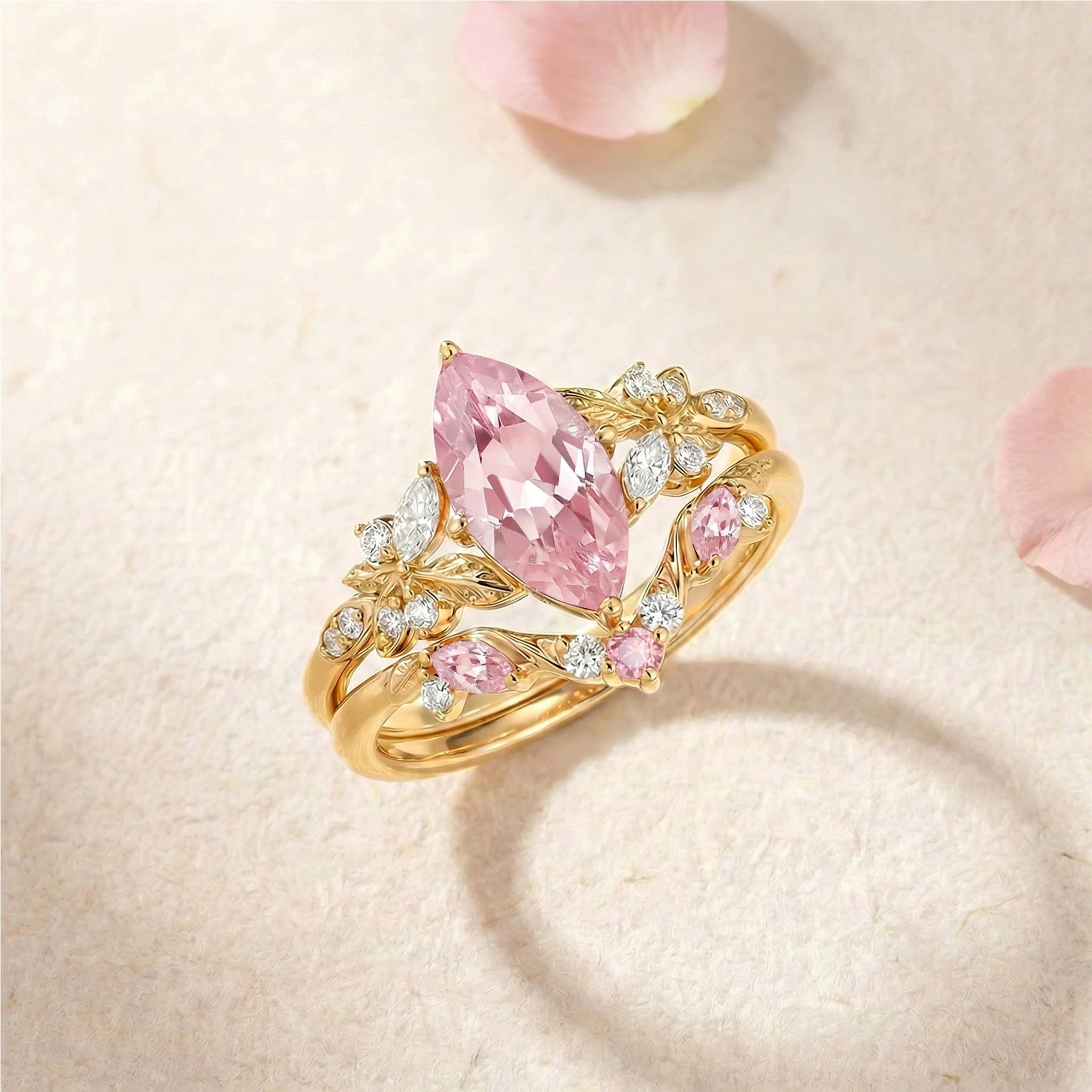 Marquise Lab Pink Sapphire Leafy Engagement Ring Sets 2pcs - Peony