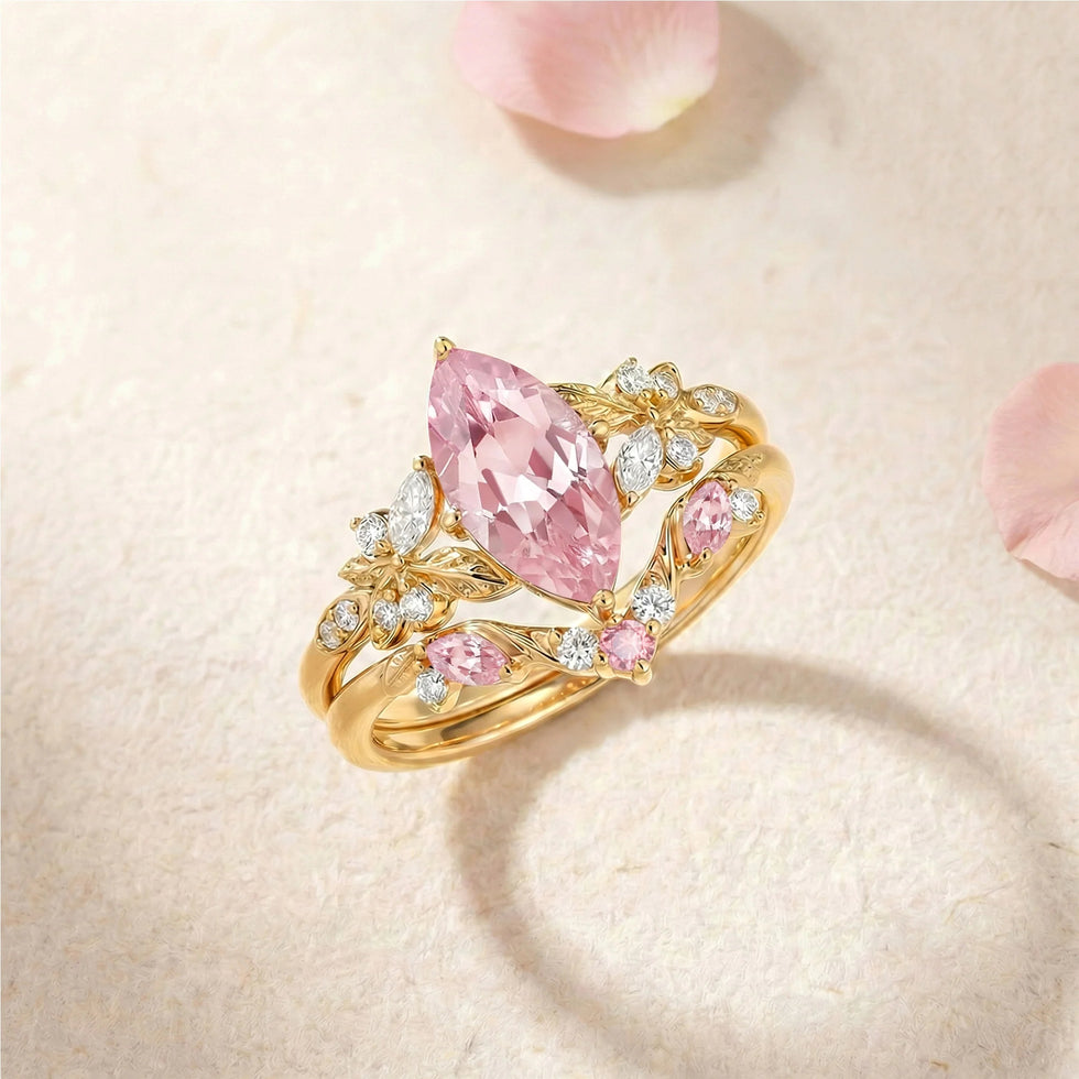 Marquise Lab Pink Sapphire Leafy Engagement Ring Sets 2pcs - Peony