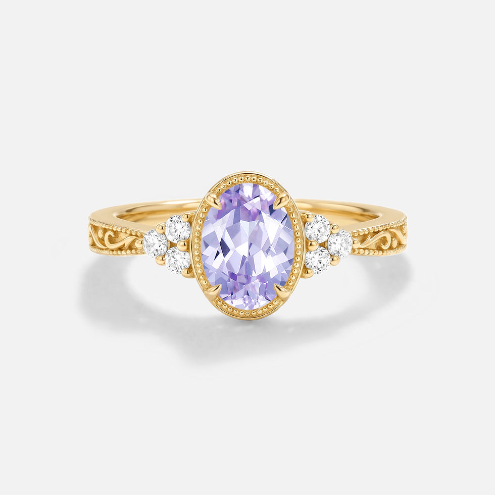 Oval Engraved Lab Lavender Sapphire Bezel Engagement Ring - Ilara
