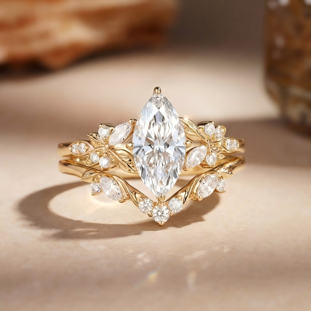 Marquise Cut Lab Grown Diamond Engraved Engagement Ring Sets 2pcs - Peony