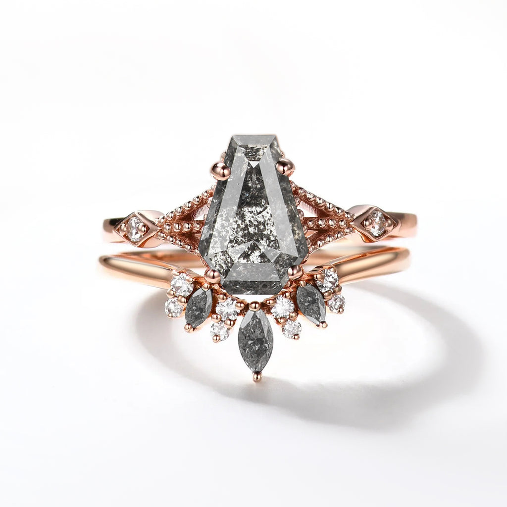 Coffin & Marquise Salt and Pepper Diamonds Black Engagement Ring Set 2pcs