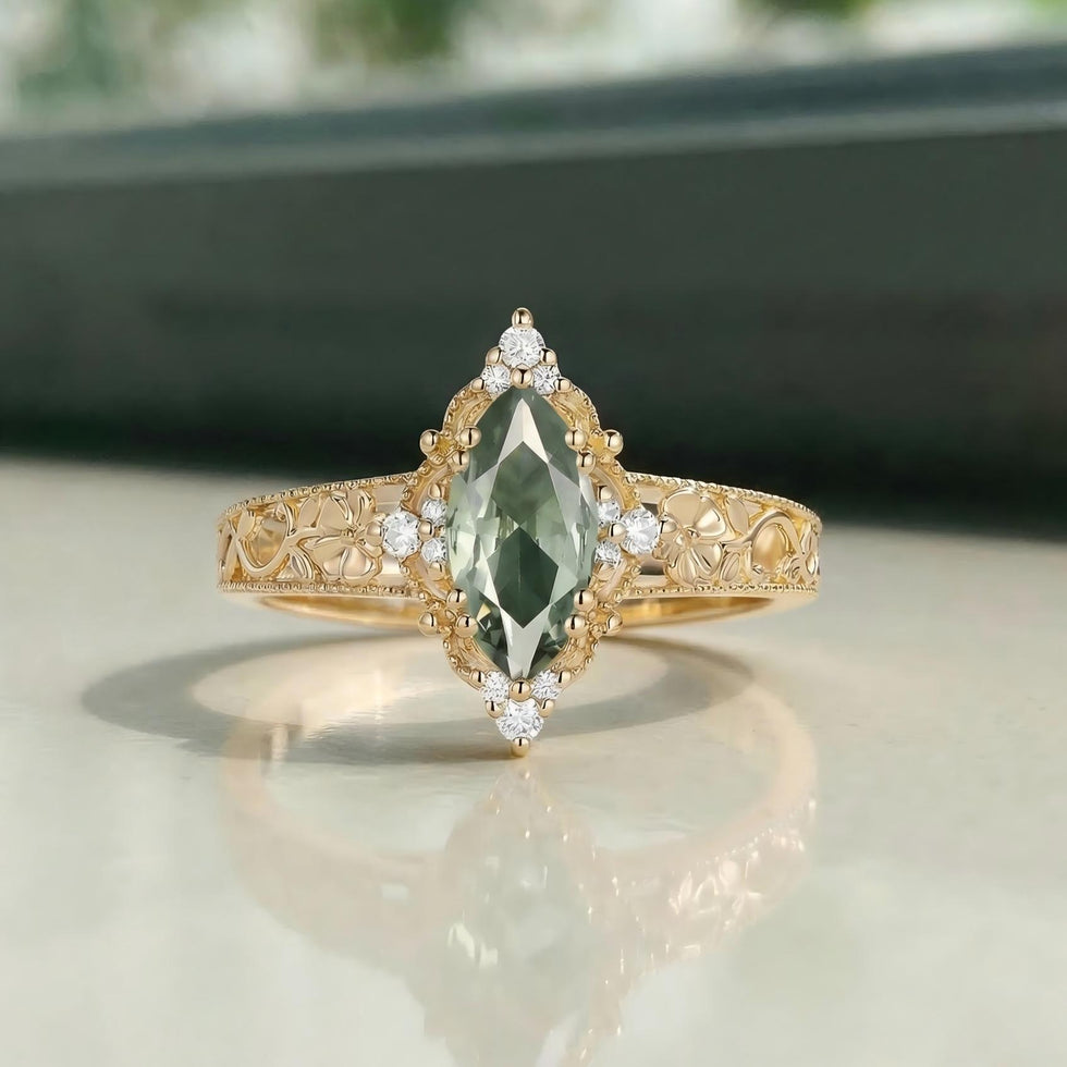 Marquise Vintage Lab Green Sapphire Engagement Ring - Ione