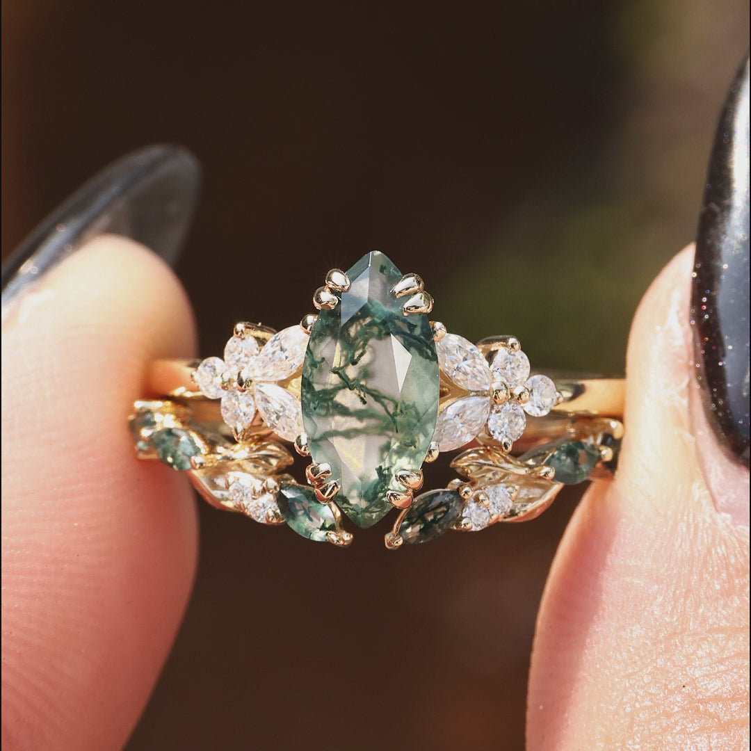 Marquise Moss Agate Leafy Engagement Ring Sets 2pcs - Arbor