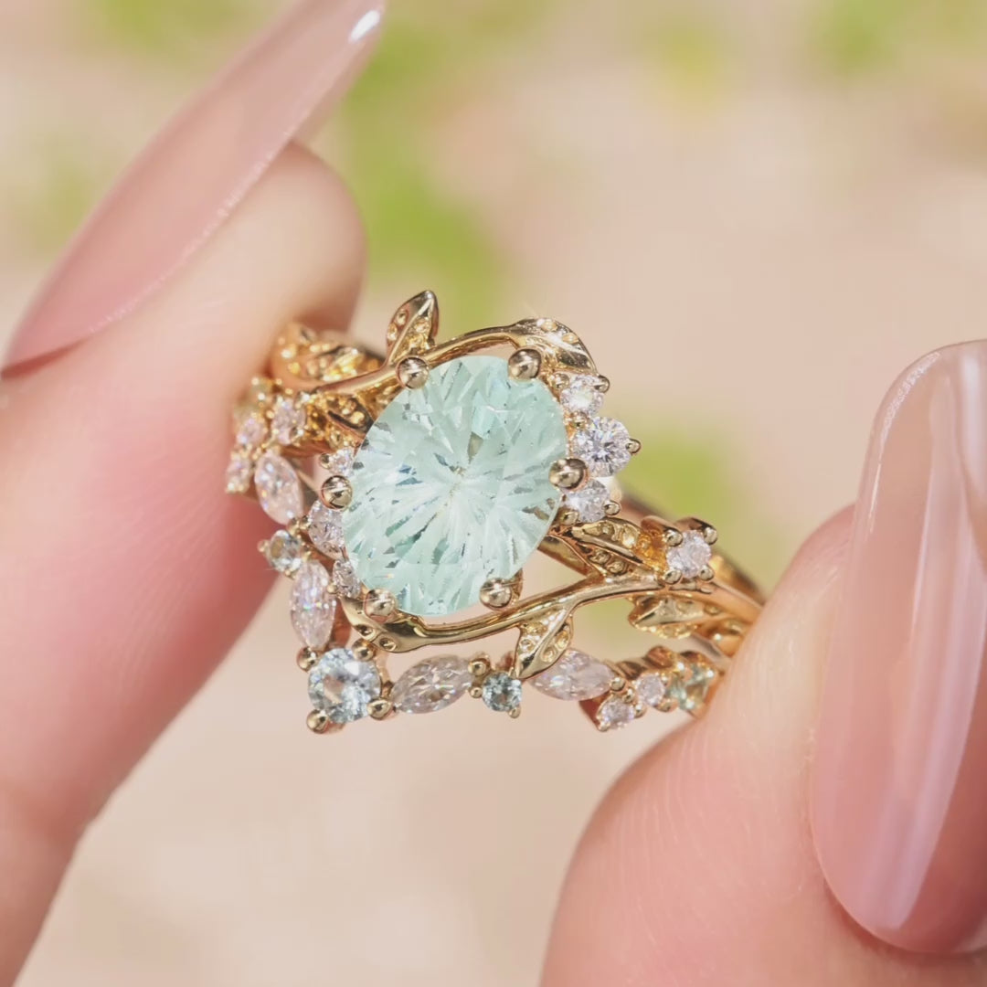 Firework Cut Oval Leafy Lab Green Sapphire Engagement Ring Set