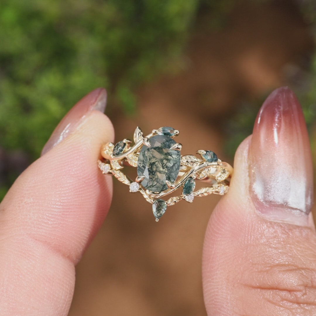Oval Green Moss Agate Vine Engagement Ring Set 2pcs - Daphne