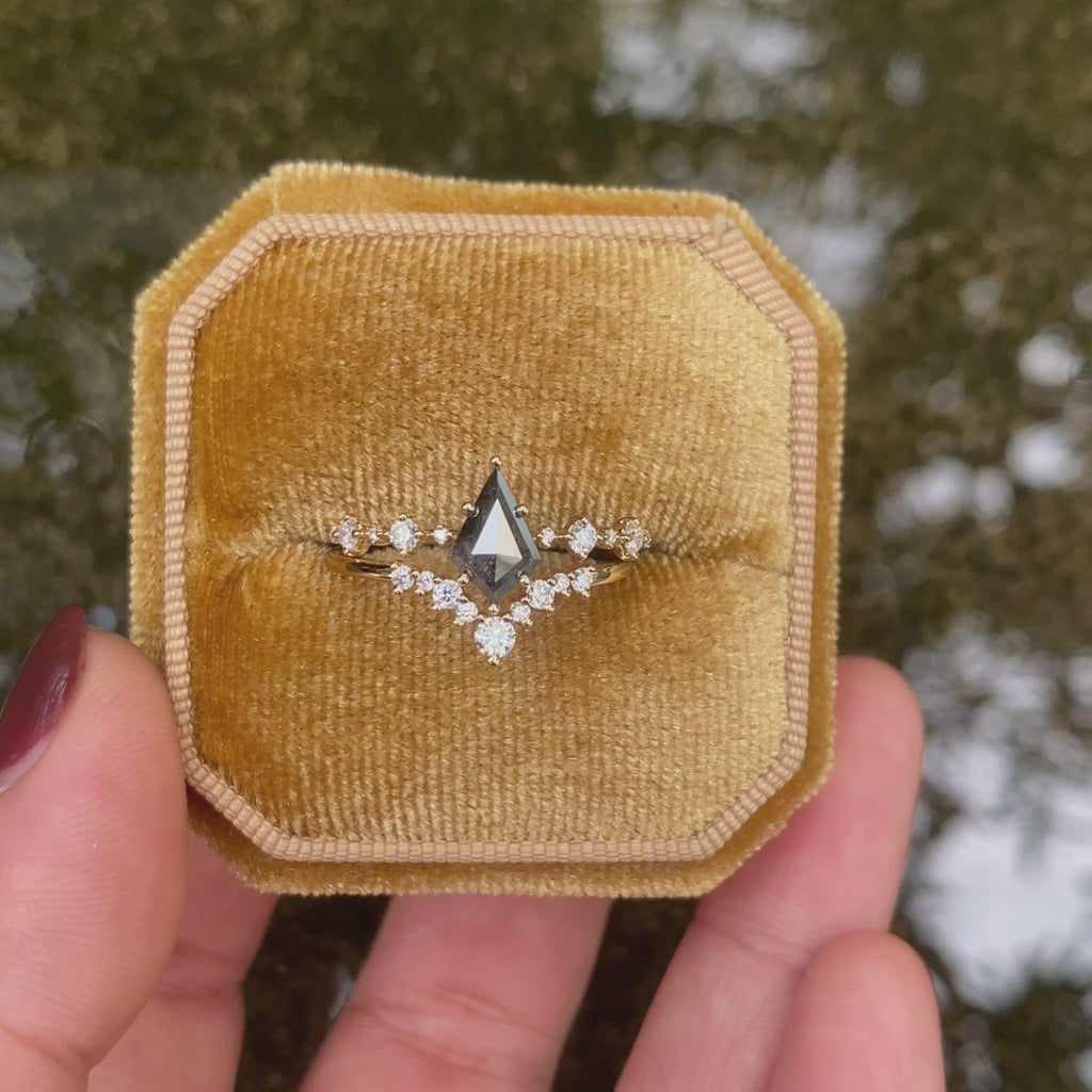 Kite Cut Salt and Pepper Diamonds Stacking Engagement Ring Set 2pcs