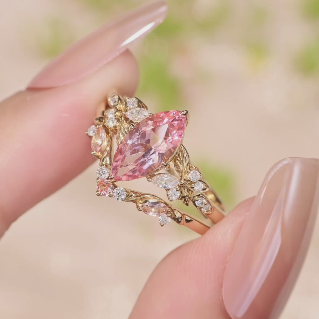 Marquise Lab Pink Sapphire Leafy Engagement Ring Sets 2pcs - Peony