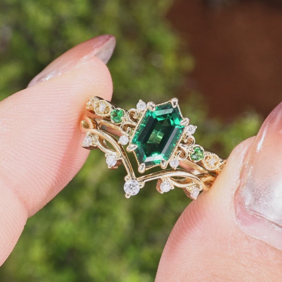 Long Hexagon Lab Emerald Engagement Ring Set 2pcs - Beryl – Felicegals