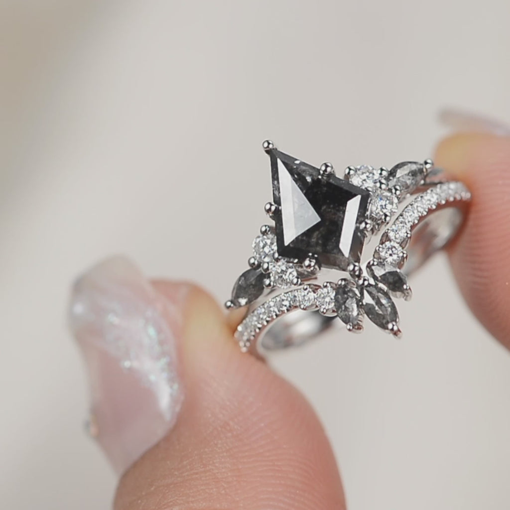 Kite Cut Salt and Pepper Diamonds Cluster Engagement Ring Set 2pcs - Rebecca