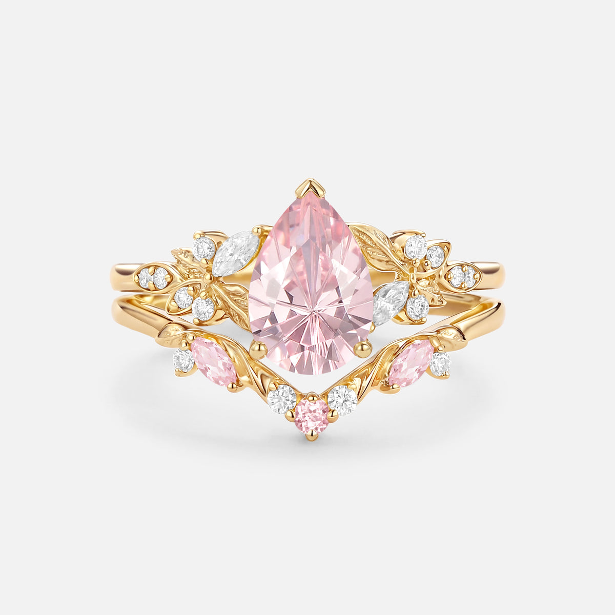 Pear Firework Cut Leafy Lab Pink Sapphire Engagement Ring Set 2pcs - P ...