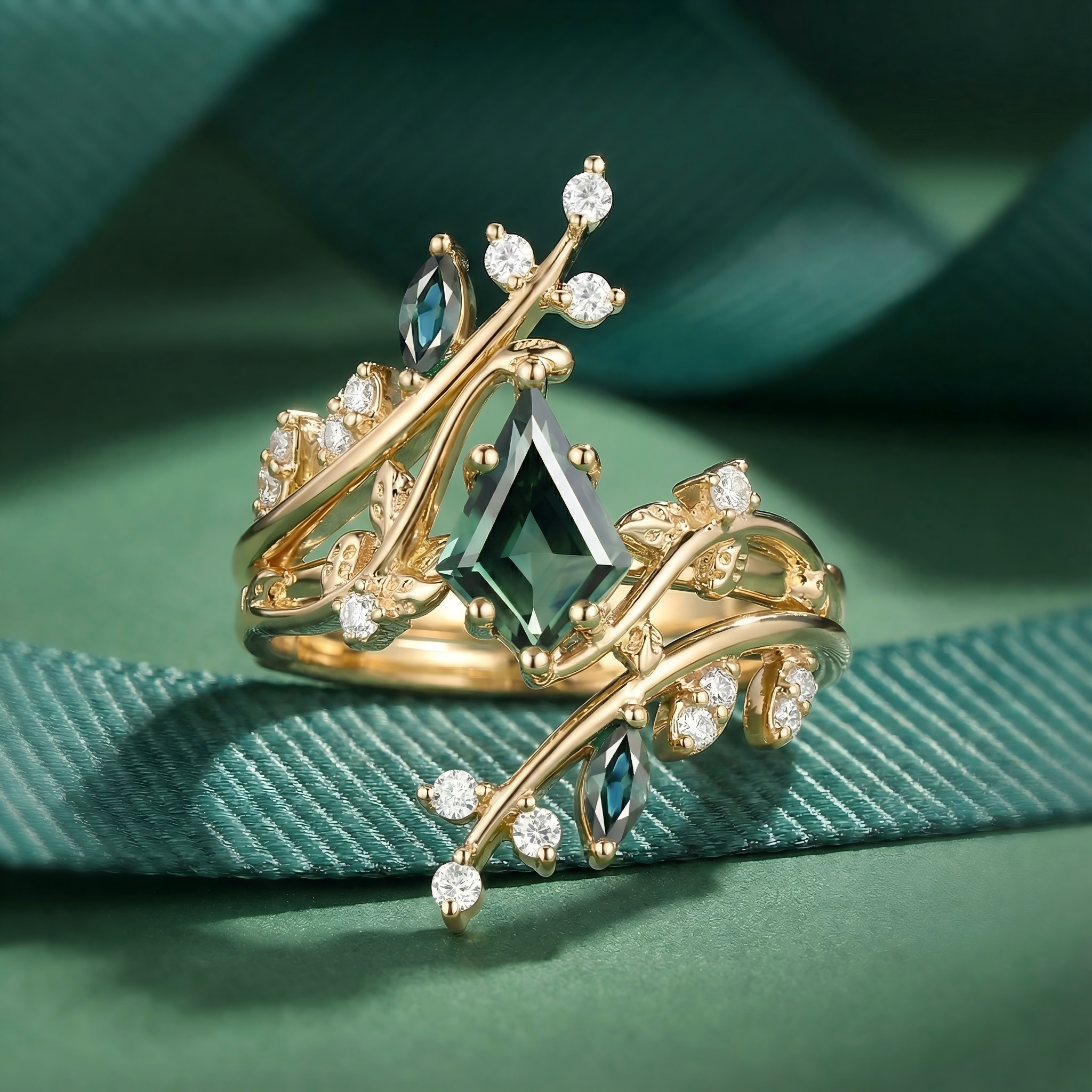 Unique Kite Cut Teal Sapphire Cage Leafy Engagement Ring Sets 2pcs - Knight