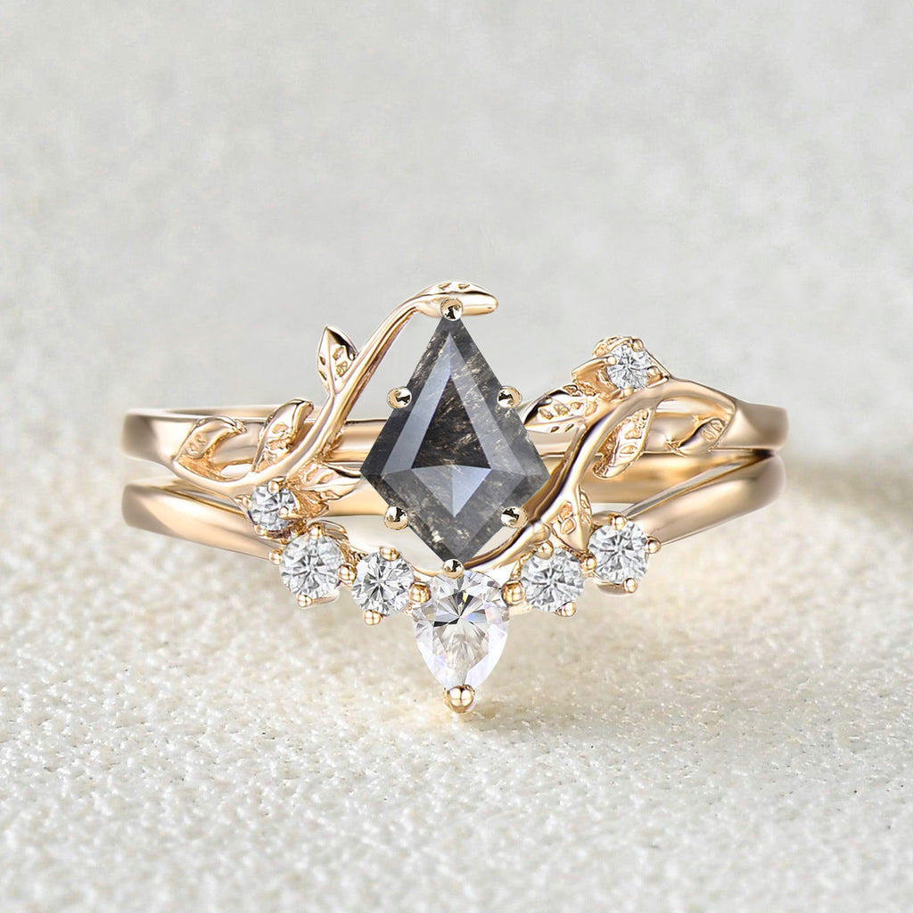 Unique Kite Cut Salt and Pepper Diamond Leafy Engagement Ring