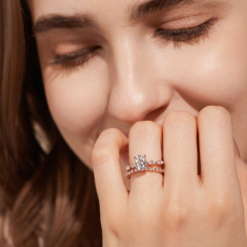 1.5ct Oval Cut Moissanite Pave Vintage Solitaire Ring Set 2pcs - Felicegals 丨Wedding ring 丨Fashion ring 丨Diamond ring 丨Gemstone ring