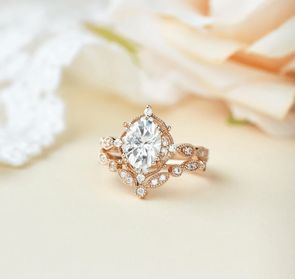 Custom ring for mwarner 1.5ct Moissanite Vintage Inspired Ring Set 2pcs/ 11 / Solid 14K Rose Gold - Felicegals 丨Wedding ring 丨Fashion ring 丨Diamond ring 丨Gemstone ring--Felicegals