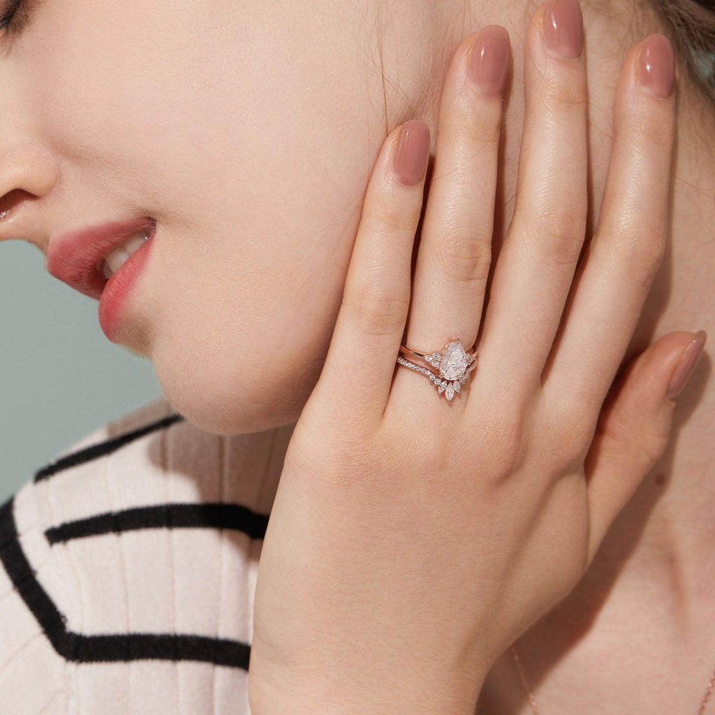 1.5ct Pear Moissanite Vintage Ring Set 2pcs - Felicegals 丨Wedding ring 丨Fashion ring 丨Diamond ring 丨Gemstone ring