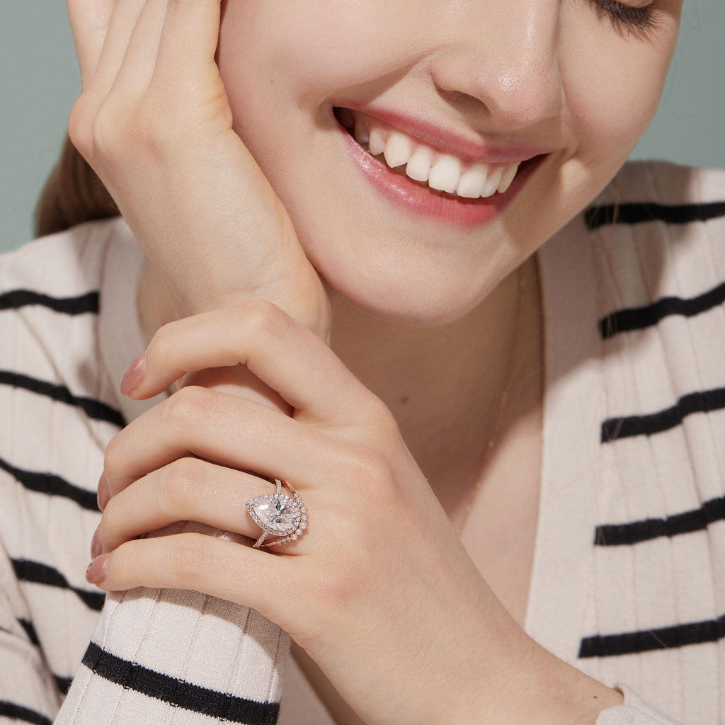 3.5ct Pear & Pearl Moissanite Classic Halo Ring Set 2pcs - Felicegals 丨Wedding ring 丨Fashion ring 丨Diamond ring 丨Gemstone ring