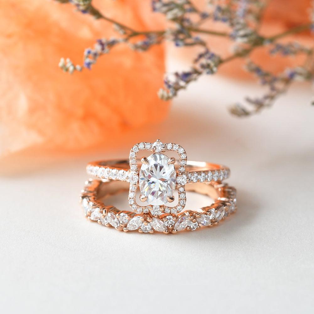 Oval Moissanite White Gold Antique Ring Set 2pcs - Felicegals 丨Wedding ring 丨Fashion ring 丨Diamond ring 丨Gemstone ring--Felicegals