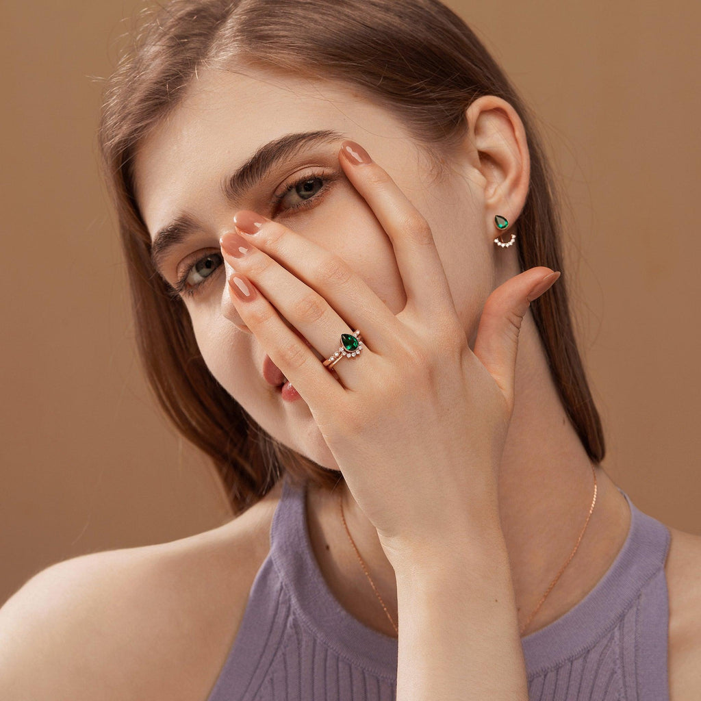 Pear Emerald Milgrain Vintage Ring Set 2pcs - Felicegals 丨Wedding ring 丨Fashion ring 丨Diamond ring 丨Gemstone ring