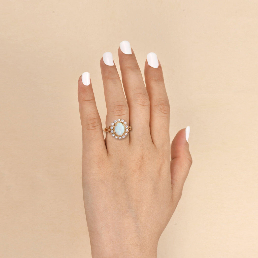 Oval Cut Lab Opal & Pearls Halo Rose Gold Ring - Felicegals 丨Wedding ring 丨Fashion ring 丨Diamond ring 丨Gemstone ring