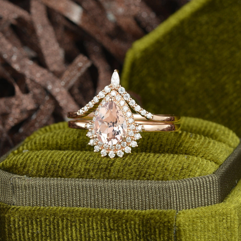 Peachy Morganite Rose Gold Ring Set 2pcs - Felicegals 丨Wedding ring 丨Fashion ring 丨Diamond ring 丨Gemstone ring--Felicegals