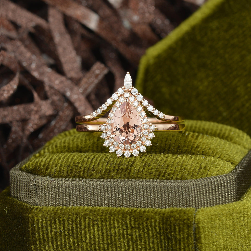Peachy Morganite Rose Gold Ring Set 2pcs - Felicegals 丨Wedding ring 丨Fashion ring 丨Diamond ring 丨Gemstone ring--Felicegals