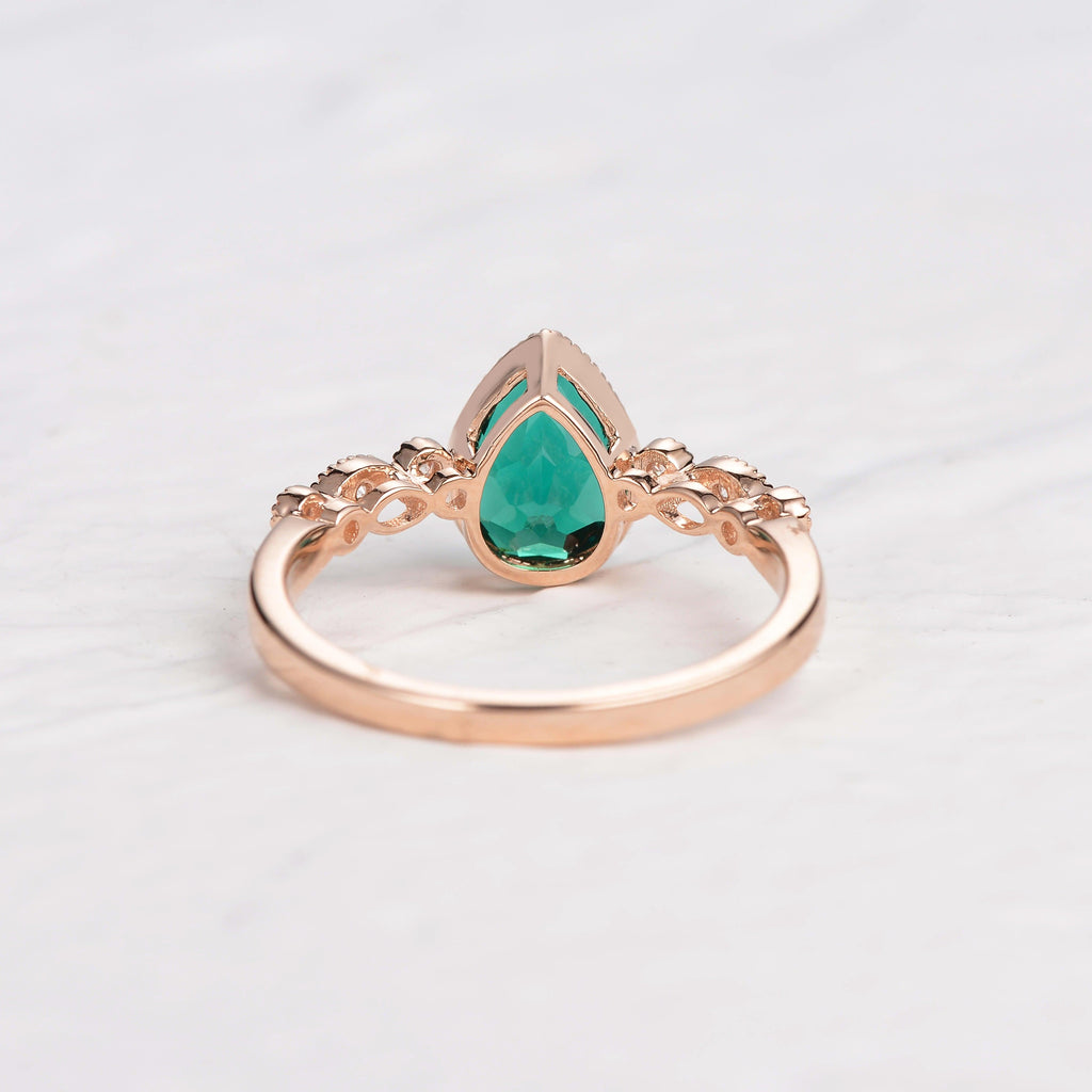 Pear Shaped Lab Emerald Rose Gold Ring - Felicegals 丨Wedding ring 丨Fashion ring 丨Diamond ring 丨Gemstone ring--Felicegals