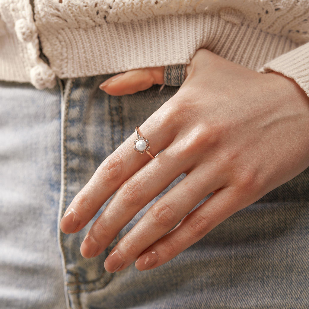 6mm Akoya Pearl Rose Gold Ring - Felicegals 丨Wedding ring 丨Fashion ring 丨Diamond ring 丨Gemstone ring