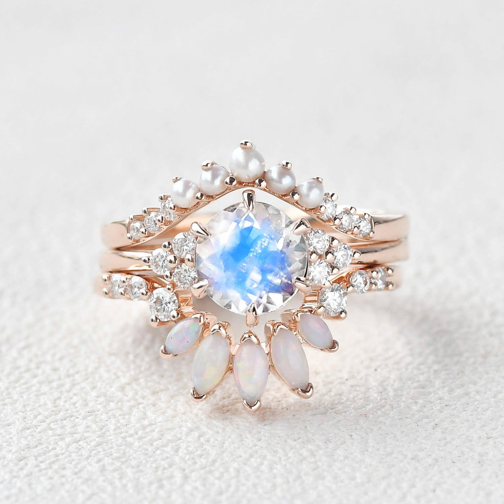 Moonstone & Opal & Pearl Vintage Ring Set 3pcs - Felicegals 丨Wedding ring 丨Fashion ring 丨Diamond ring 丨Gemstone ring