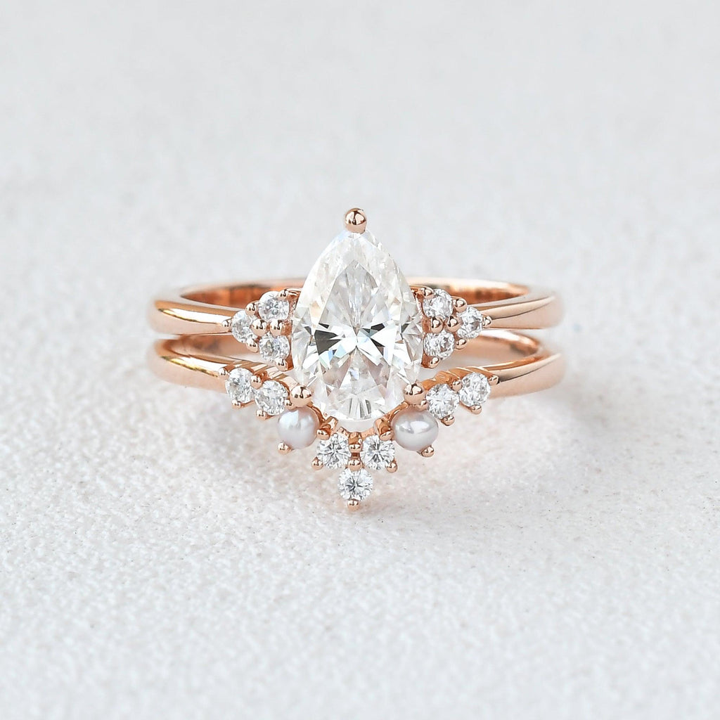 Felicegals Pear Shaped Moissanite Vintage Ring Set 2pcs - Felicegals 丨Wedding ring 丨Fashion ring 丨Diamond ring 丨Gemstone ring-Rings-Felicegals 丨Wedding ring 丨Fashion ring 丨Diamond ring 丨Gemstone ring