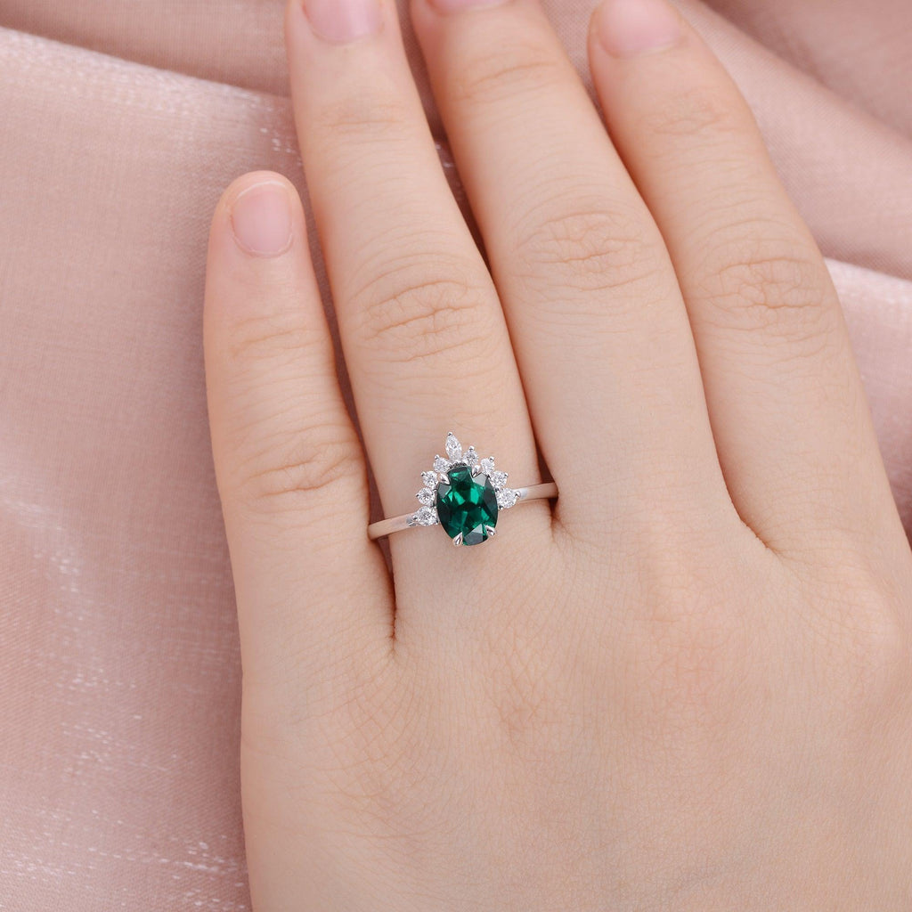 Oval Cut Lab Emerald 4 Prongs White Gold Ring - Felicegals 丨Wedding ring 丨Fashion ring 丨Diamond ring 丨Gemstone ring--Felicegals