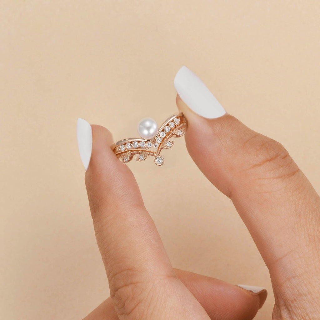 Pearl Bridal Set 2pcs Rose Gold Ring - Felicegals 丨Wedding ring 丨Fashion ring 丨Diamond ring 丨Gemstone ring