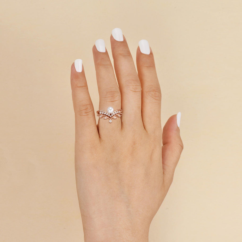 Pearl Bridal Set 2pcs Rose Gold Ring - Felicegals 丨Wedding ring 丨Fashion ring 丨Diamond ring 丨Gemstone ring