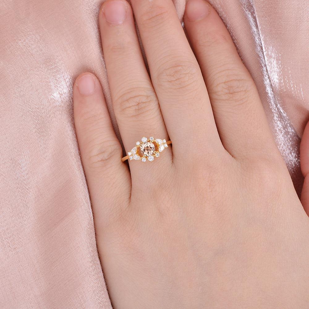 Round Cut Morganite Vintage Inspied Yellow Gold Ring - Felicegals 丨Wedding ring 丨Fashion ring 丨Diamond ring 丨Gemstone ring--Felicegals 丨Wedding ring 丨Fashion ring 丨Diamond ring 丨Gemstone ring