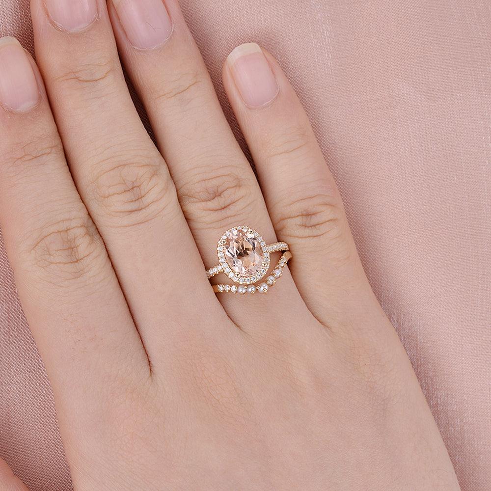 Oval Peachy Morganite & Pearls Yellow Gold Ring Set 2pcs - Felicegals 丨Wedding ring 丨Fashion ring 丨Diamond ring 丨Gemstone ring-Jewelry-Felicegals