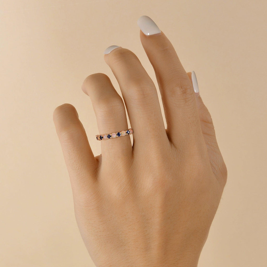 Blue Sapphire & Opal Rose Gold Ring - Felicegals 丨Wedding ring 丨Fashion ring 丨Diamond ring 丨Gemstone ring