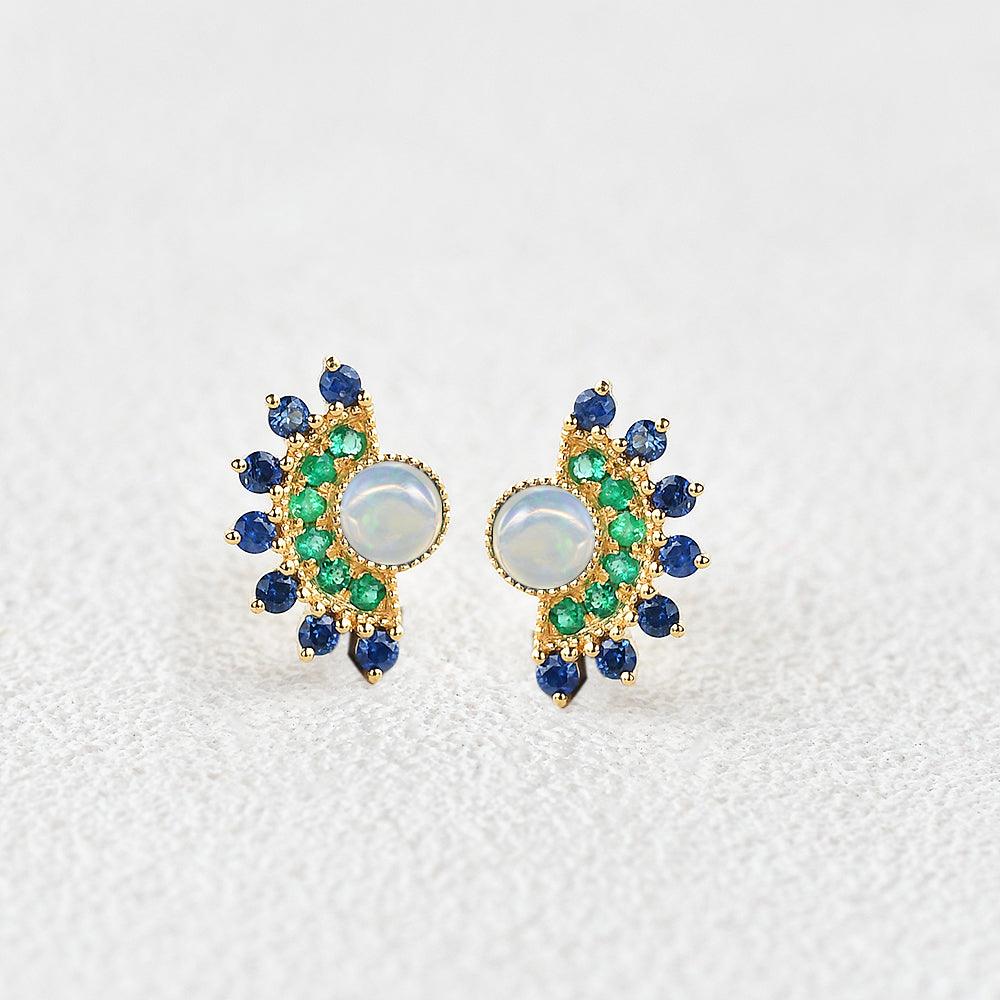 Natural Opal & Emerald & Sapphire Vintage Inspired Earrings - Felicegals 丨Wedding ring 丨Fashion ring 丨Diamond ring 丨Gemstone ring--Felicegals