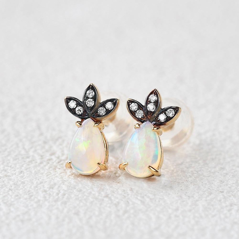 Natural Opal & Full Facet Diamond Inspired Yellow Gold Earrings - Felicegals 丨Wedding ring 丨Fashion ring 丨Diamond ring 丨Gemstone ring--Felicegals