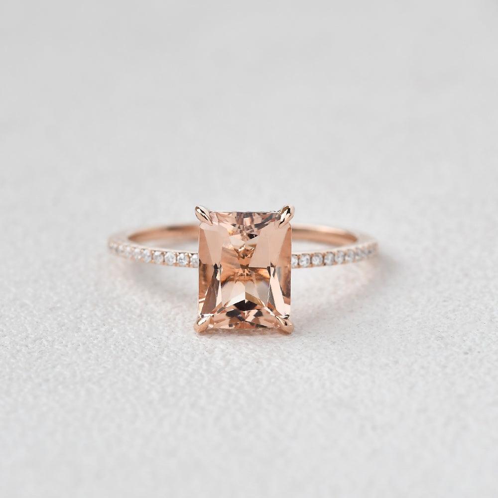 7*9mm Peachy Morganite Radiant Cut Ring - Felicegals 丨Wedding ring 丨Fashion ring 丨Diamond ring 丨Gemstone ring--Felicegals