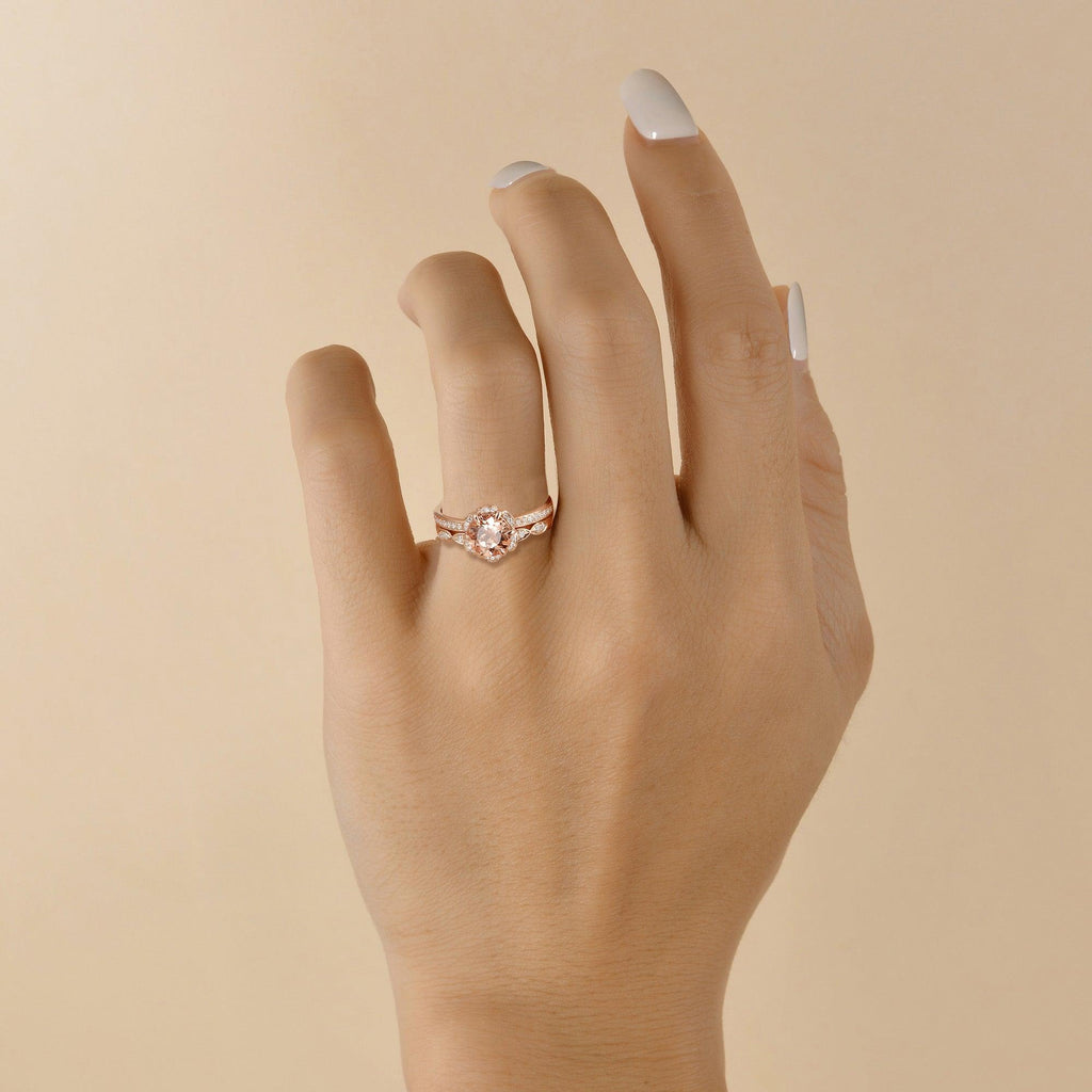 1.2ct Round Cut Morganite Floral Inspired Ring Set 2pcs - Felicegals 丨Wedding ring 丨Fashion ring 丨Diamond ring 丨Gemstone ring