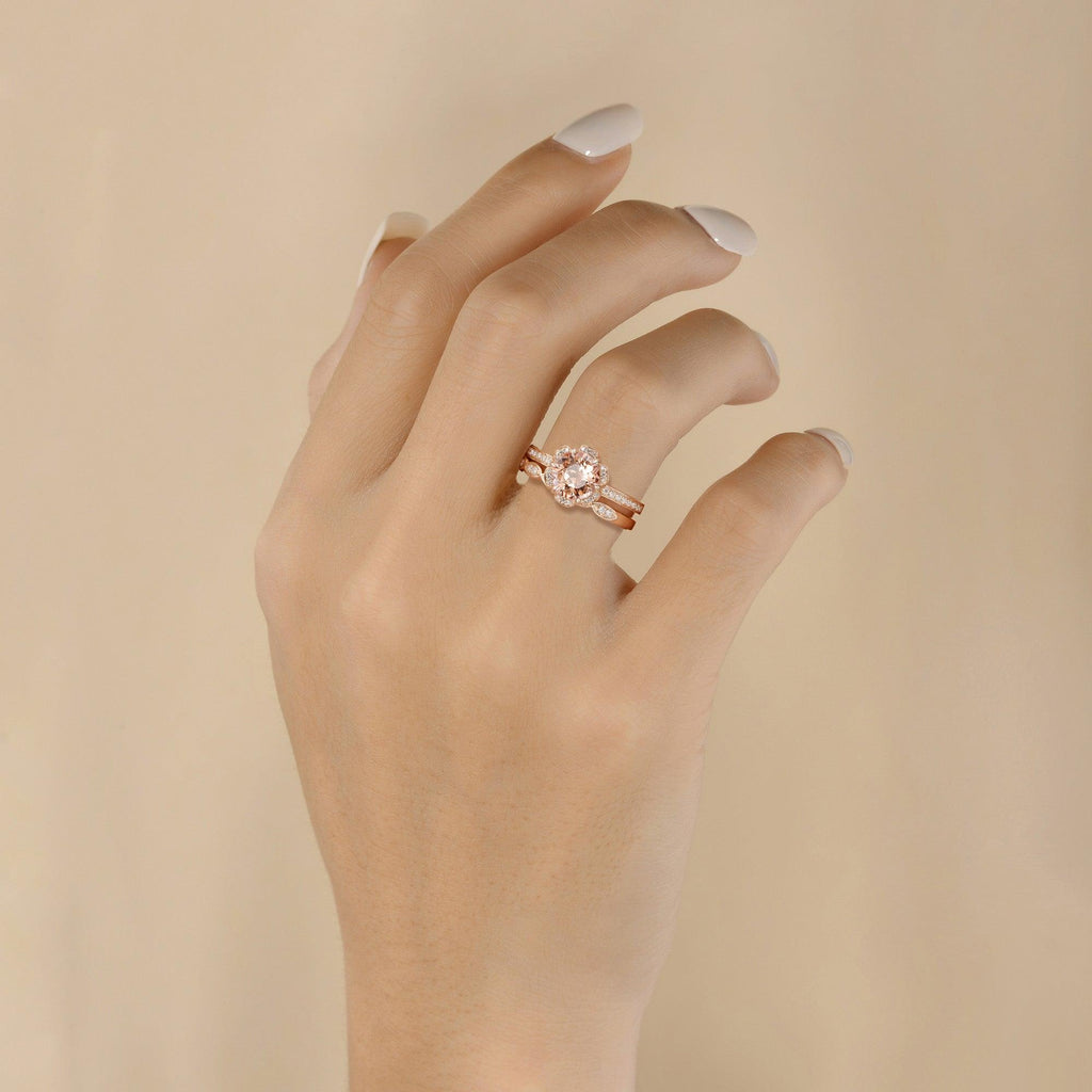 1.2ct Round Cut Morganite Floral Inspired Ring Set 2pcs - Felicegals 丨Wedding ring 丨Fashion ring 丨Diamond ring 丨Gemstone ring