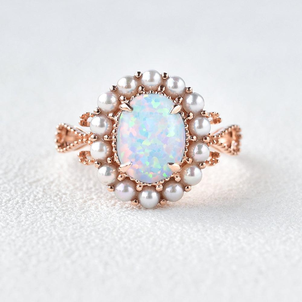 Oval Cut Lab Opal & Pearls Halo Rose Gold Ring - Felicegals 丨Wedding ring 丨Fashion ring 丨Diamond ring 丨Gemstone ring--Felicegals
