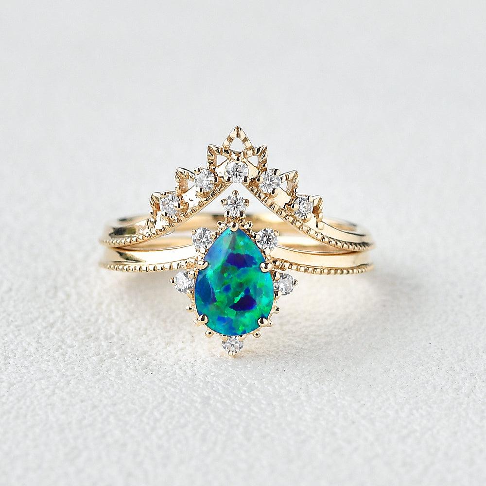 Lab Opal & Moissanite Stacking Yellow Gold Ring - Felicegals
