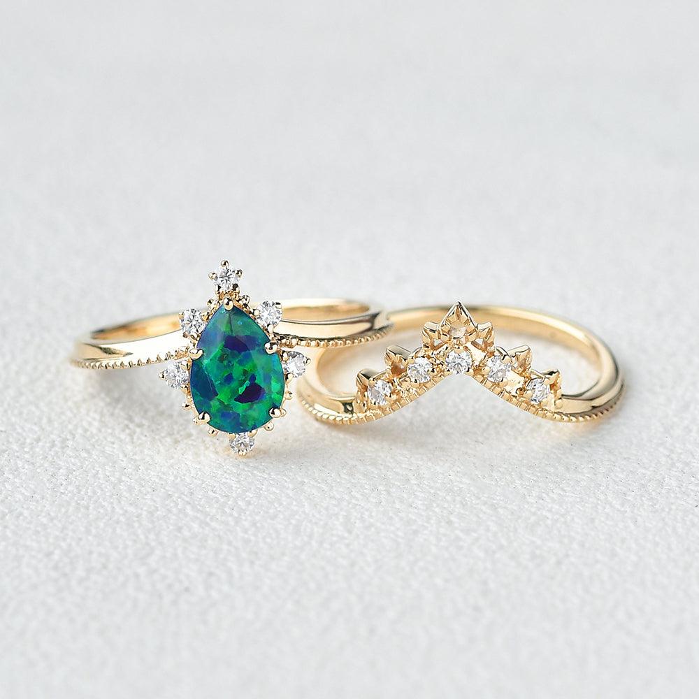 Lab Opal & Moissanite Stacking Yellow Gold Ring - Felicegals