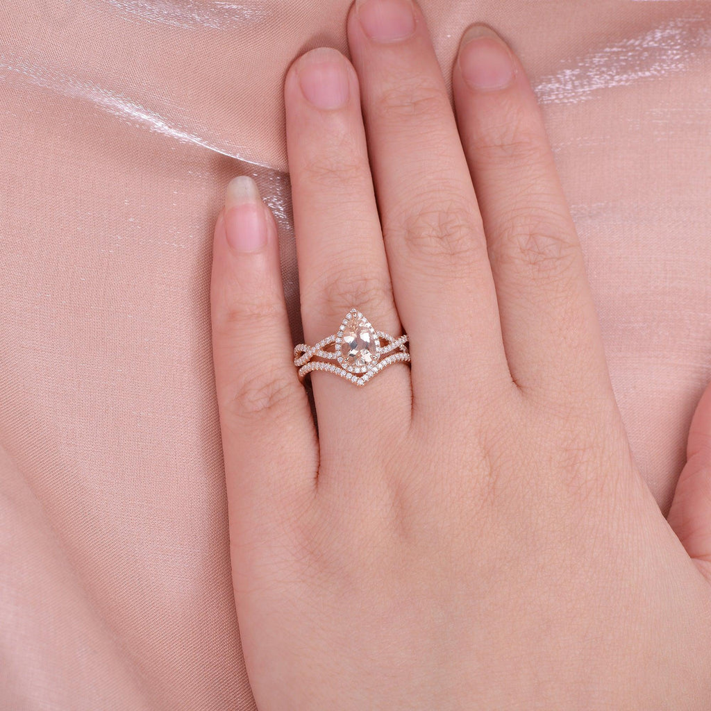 Felicegals Pear Shaped Morganite Gold Ring Set 2pcs - Felicegals 丨Wedding ring 丨Fashion ring 丨Diamond ring 丨Gemstone ring--Felicegals