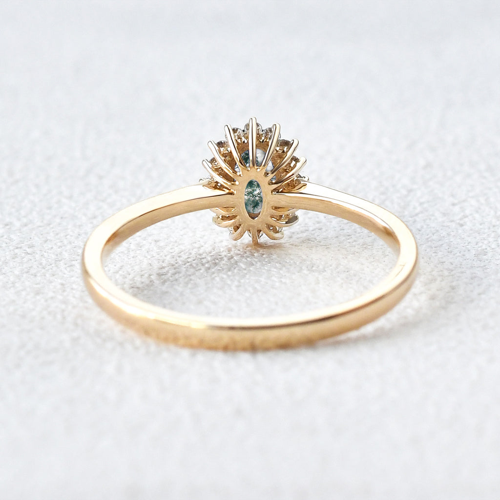Oval Moss Agate & Moissanite White Gold Ring - Felicegals 丨Wedding ring 丨Fashion ring 丨Diamond ring 丨Gemstone ring