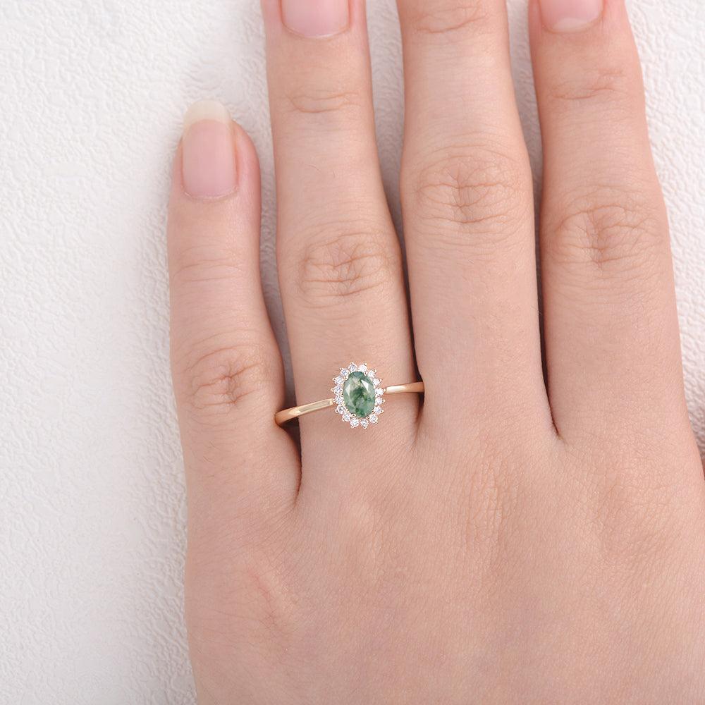 Oval Moss Agate & Moissanite White Gold Ring - Felicegals 丨Wedding ring 丨Fashion ring 丨Diamond ring 丨Gemstone ring--Felicegals