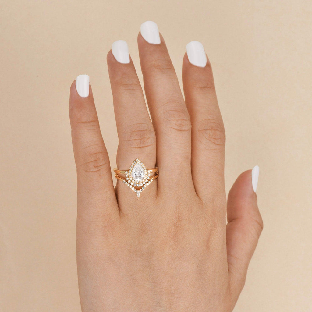 1.5ct Peachy Morganite Vintage Halo Ring Set 2pcs - Felicegals 丨Wedding ring 丨Fashion ring 丨Diamond ring 丨Gemstone ring