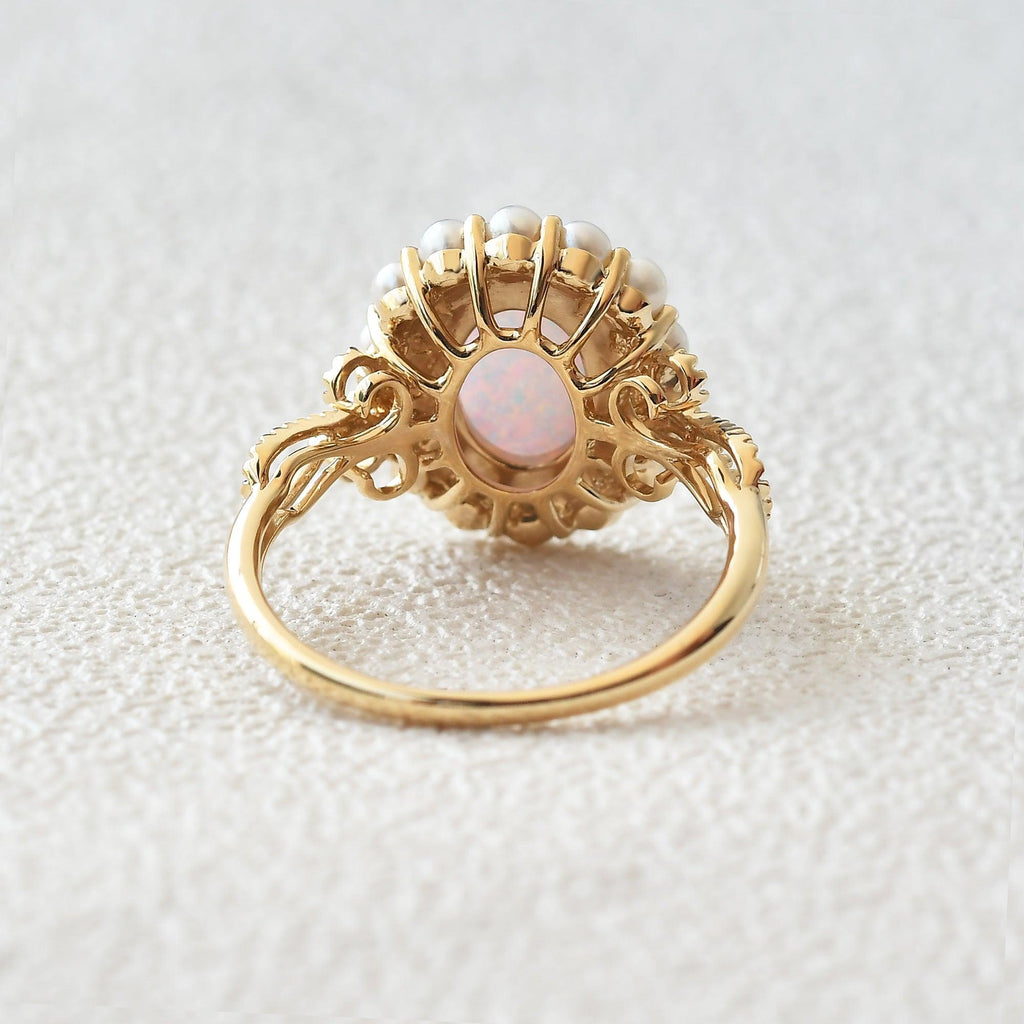 Oval Cut Lab Opal & Pearls Halo Rose Gold Ring - Felicegals 丨Wedding ring 丨Fashion ring 丨Diamond ring 丨Gemstone ring