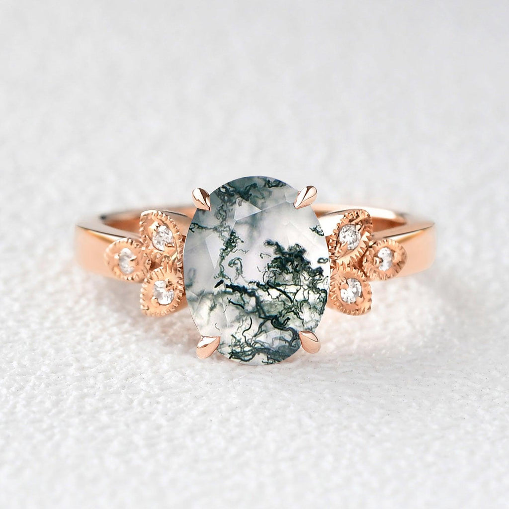 Moss Agate Oval Shaped Wedding Engagement Ring - Felicegals 丨Wedding ring 丨Fashion ring 丨Diamond ring 丨Gemstone ring